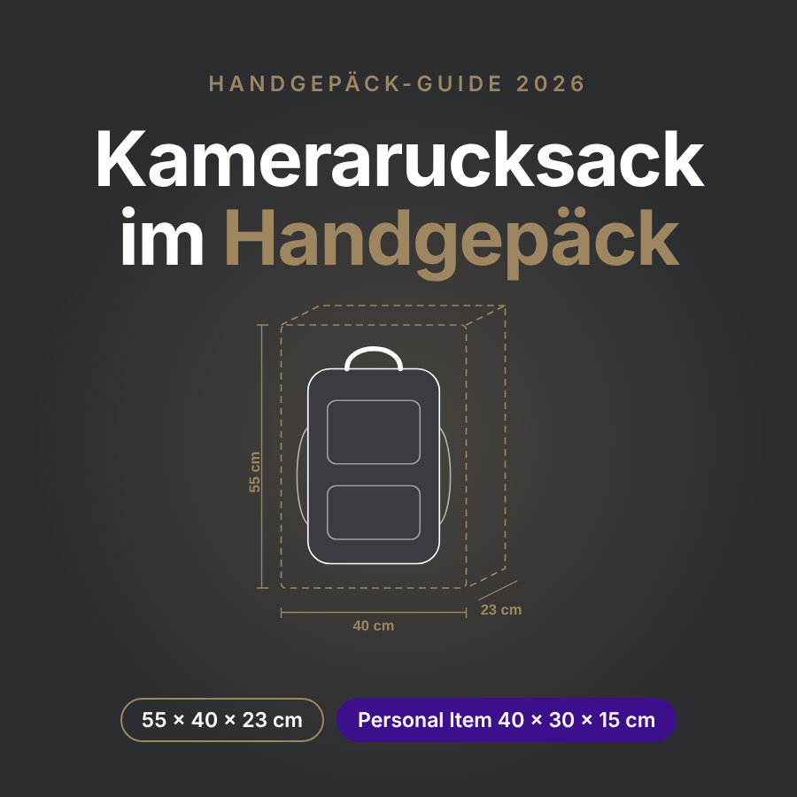 Kamerarucksack im Handgepäck: Maße von Lufthansa, Ryanair und easyJet im Vergleich, mit Rucksack-Silhouette und Kabinenmaß 55 × 40 × 23 cm